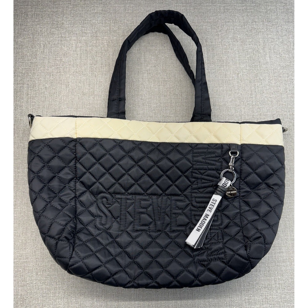 Steve Madden Black Quilted Nylon Double Handles Tote Shoulder Handbag